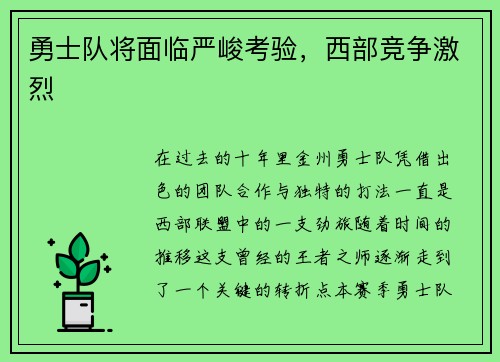 勇士队将面临严峻考验，西部竞争激烈
