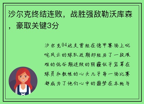 沙尔克终结连败，战胜强敌勒沃库森，豪取关键3分